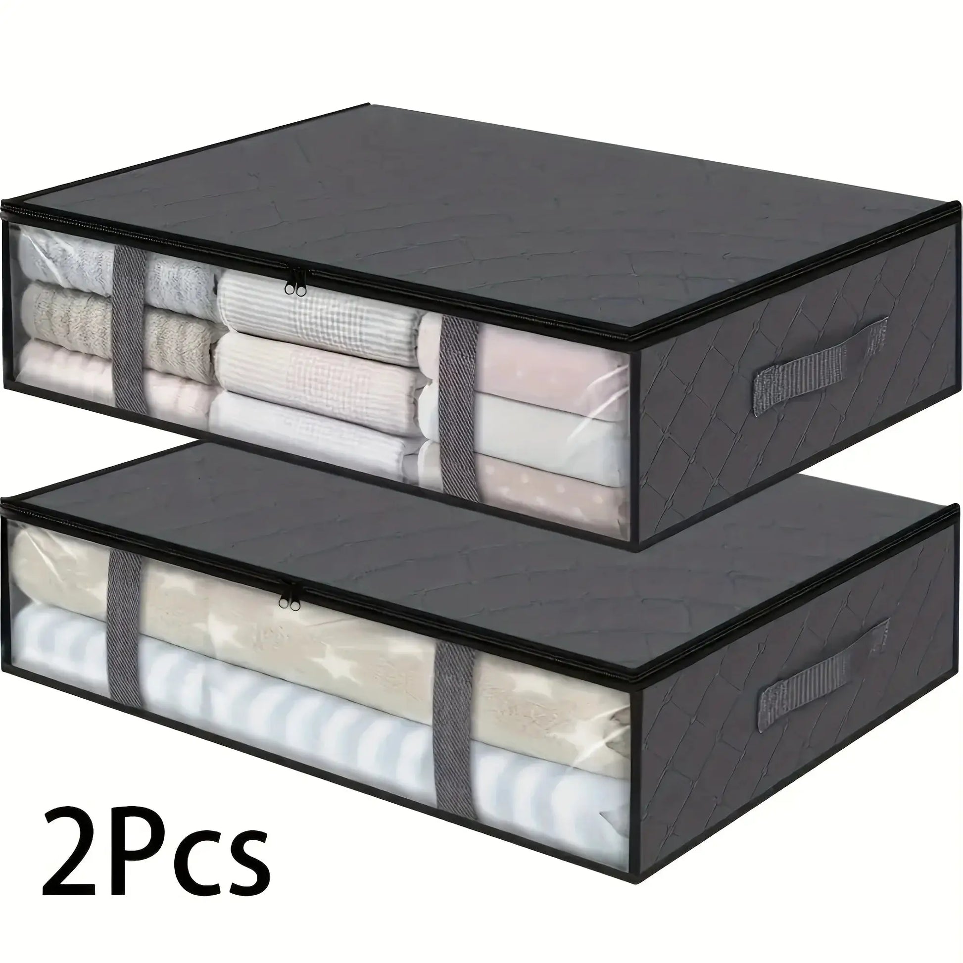 2pcs large under-bed storage bags with clear window, gray fabric, reinforced handles
