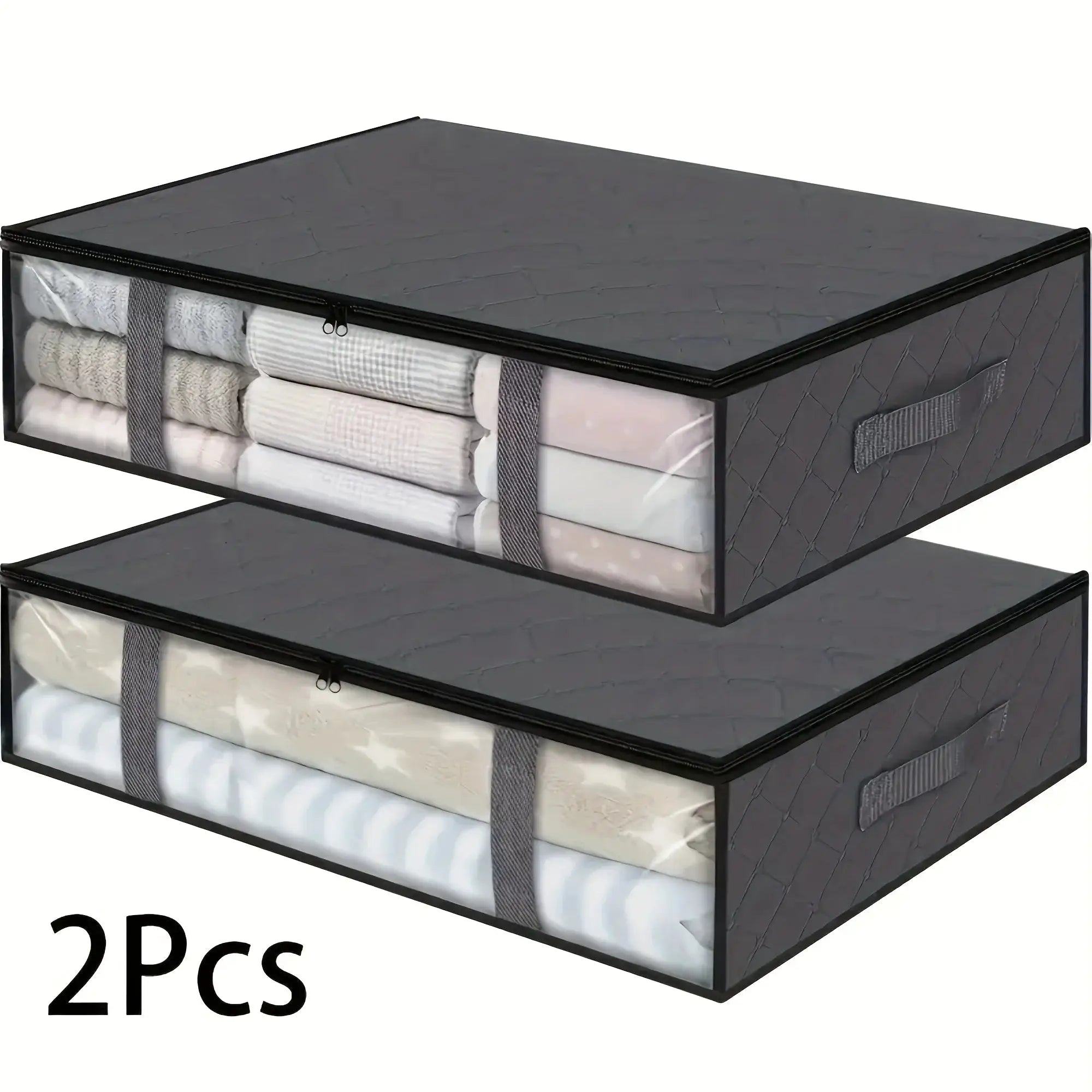 2pcs large under-bed storage bags with clear window, gray fabric, reinforced handles