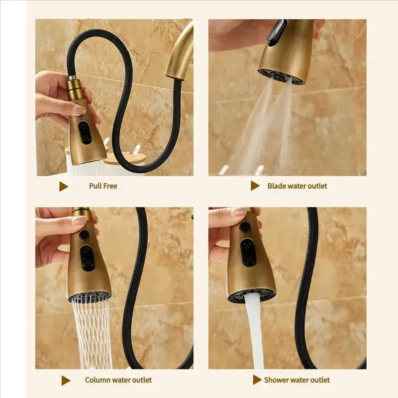 Antique bronze pull-out kitchen faucet by Simples Market with 3-in-1 hot/cold spray