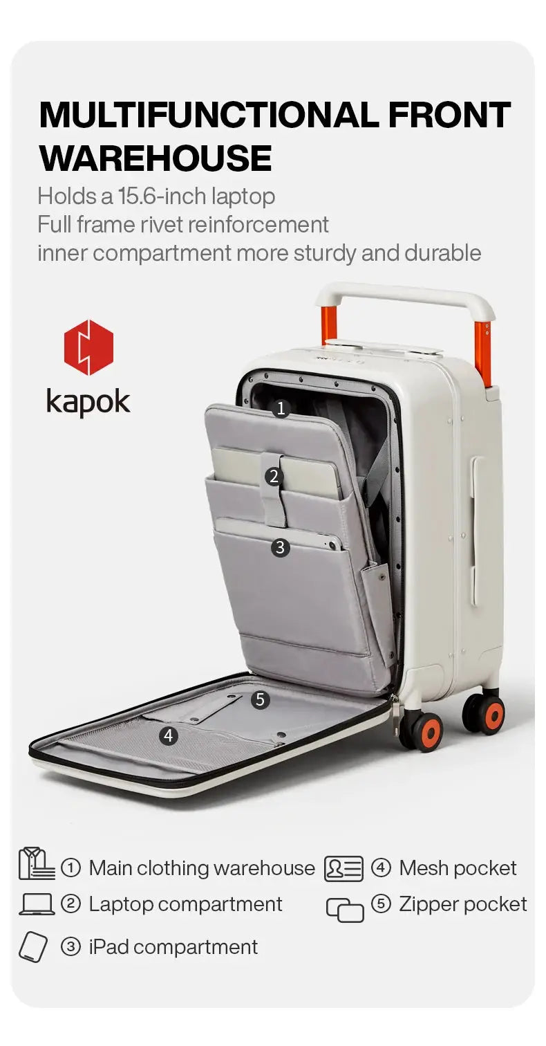 Carry-on suitcase open to reveal multiple interior pockets; white case with orange handle and Kapok logo