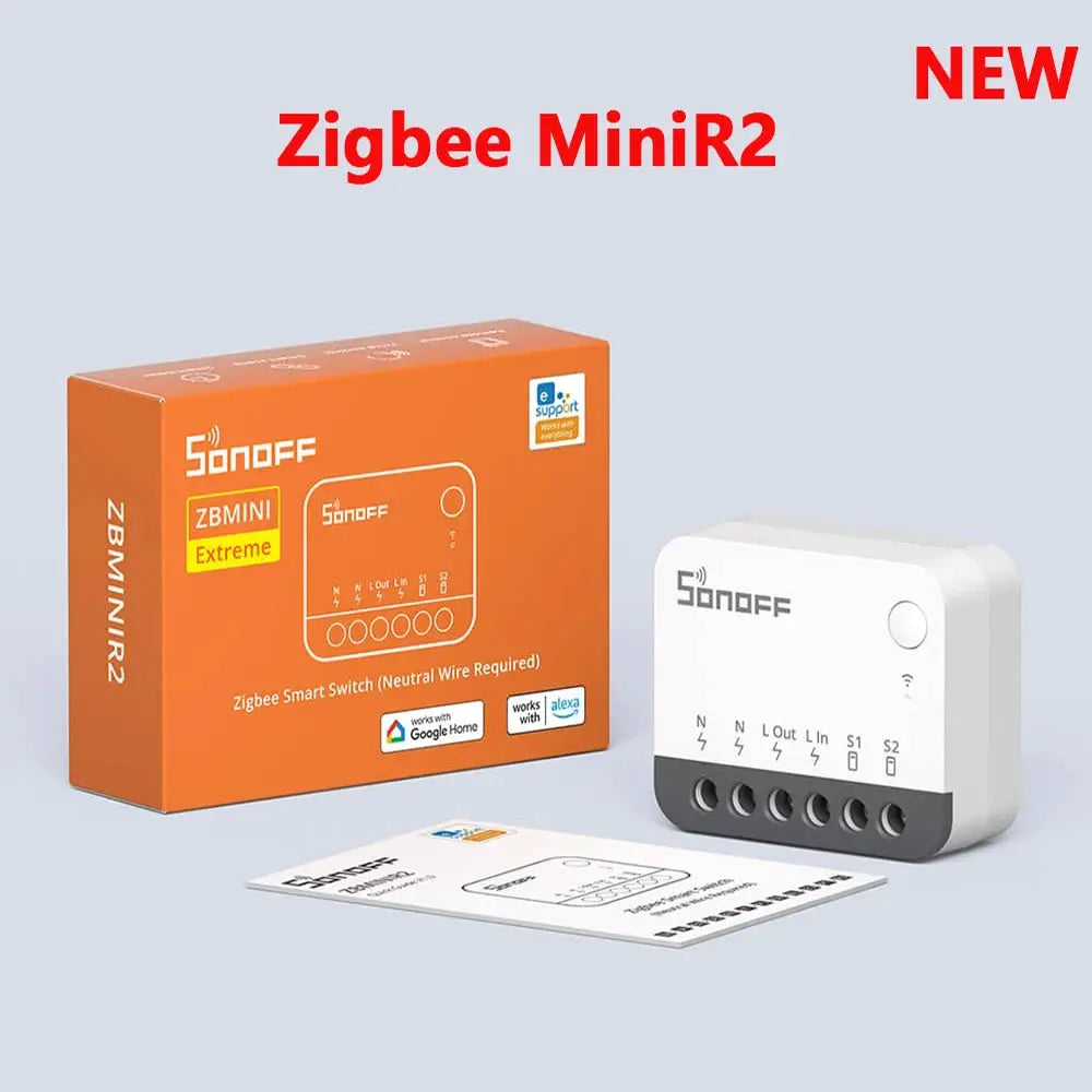 Sonoff ZBMINI Extreme Zigbee smart switch module with white control unit and orange box