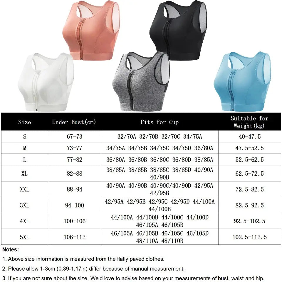 Plus-size front-closure longline padded sports bra by Simples Market in five colors: peach, black, white, gray, blue.