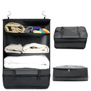 Simples Market 3-in-1 travel clothes storage hanging bag, black three-piece garment organizer with shelves.