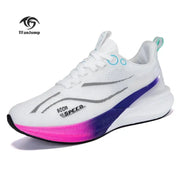 Running shoe by Simples Market with TFanJump logo; white upper, pink-to-purple gradient midsole, ultra-light stable.