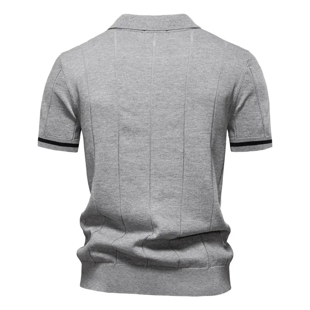 Men's gray polo shirt with short sleeves and black striped cuffs, back view