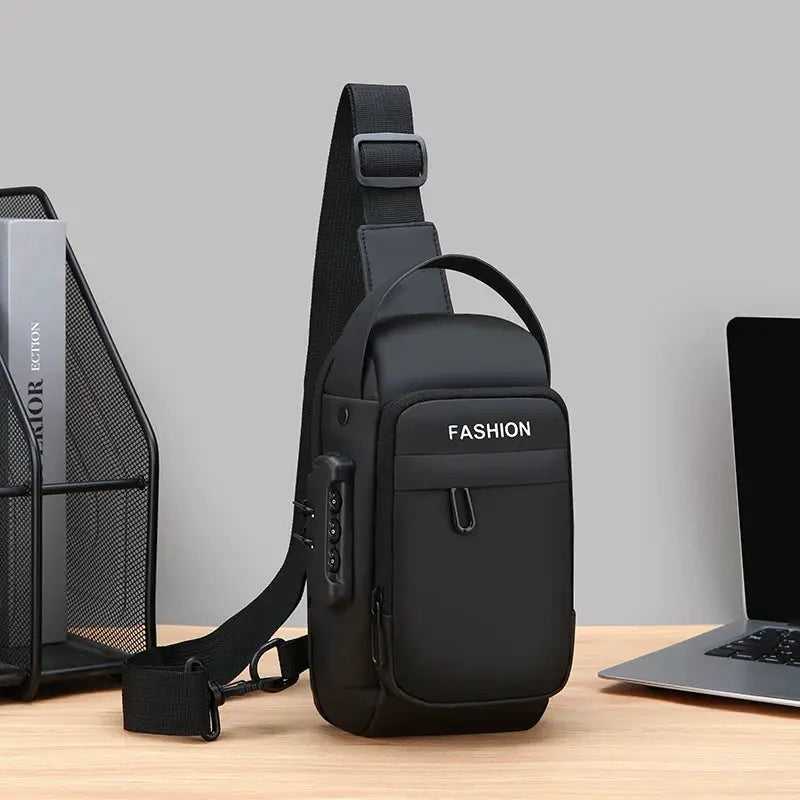 Men's anti-theft chest bag by Simples Market, black crossbody with USB charging and front pocket