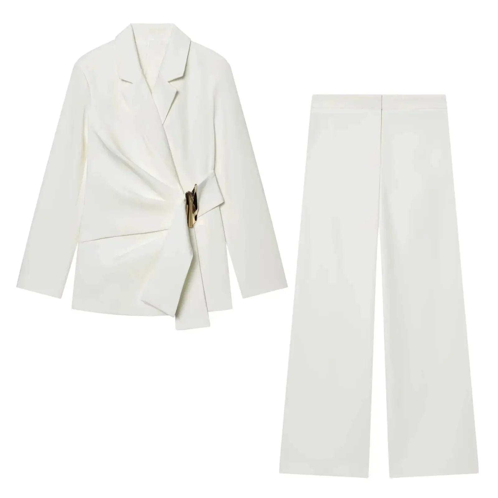 KONDALA white women's blazer suit set with wrap-style blazer and matching pants, gold-tone clasp.