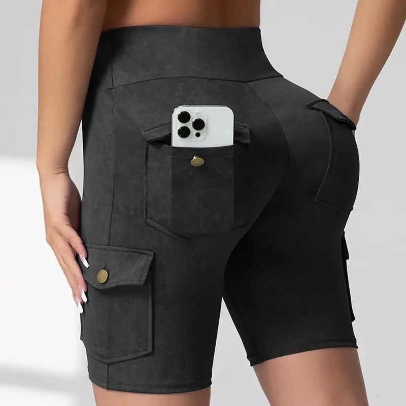 Women's washed black cargo-pocket leggings with back pocket, high-waisted athletic shorts