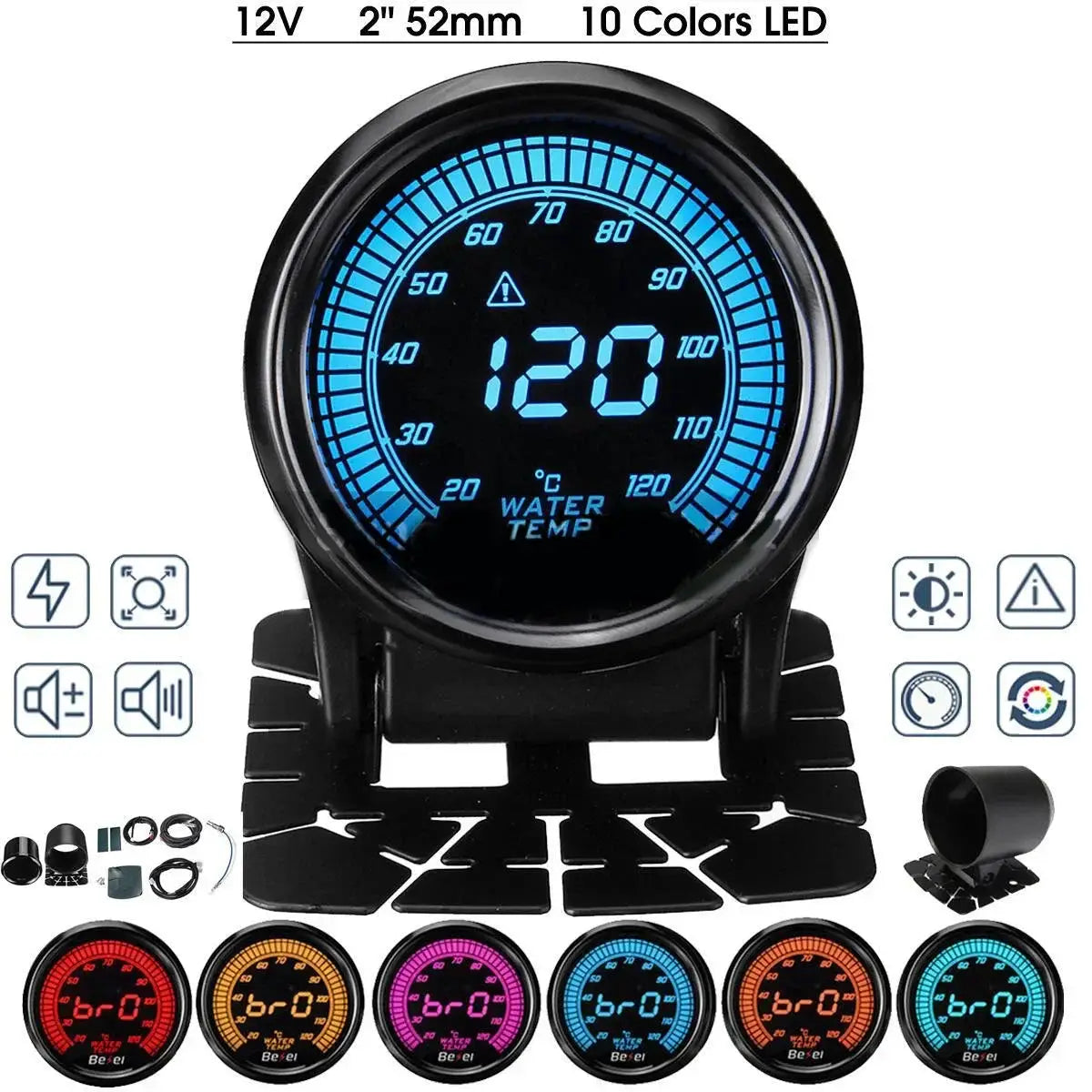 Simples Market 52mm car gauge with 10-color LED for water temp, oil temp, volt, vacuum, tach, EGT, AFR and oil pressure