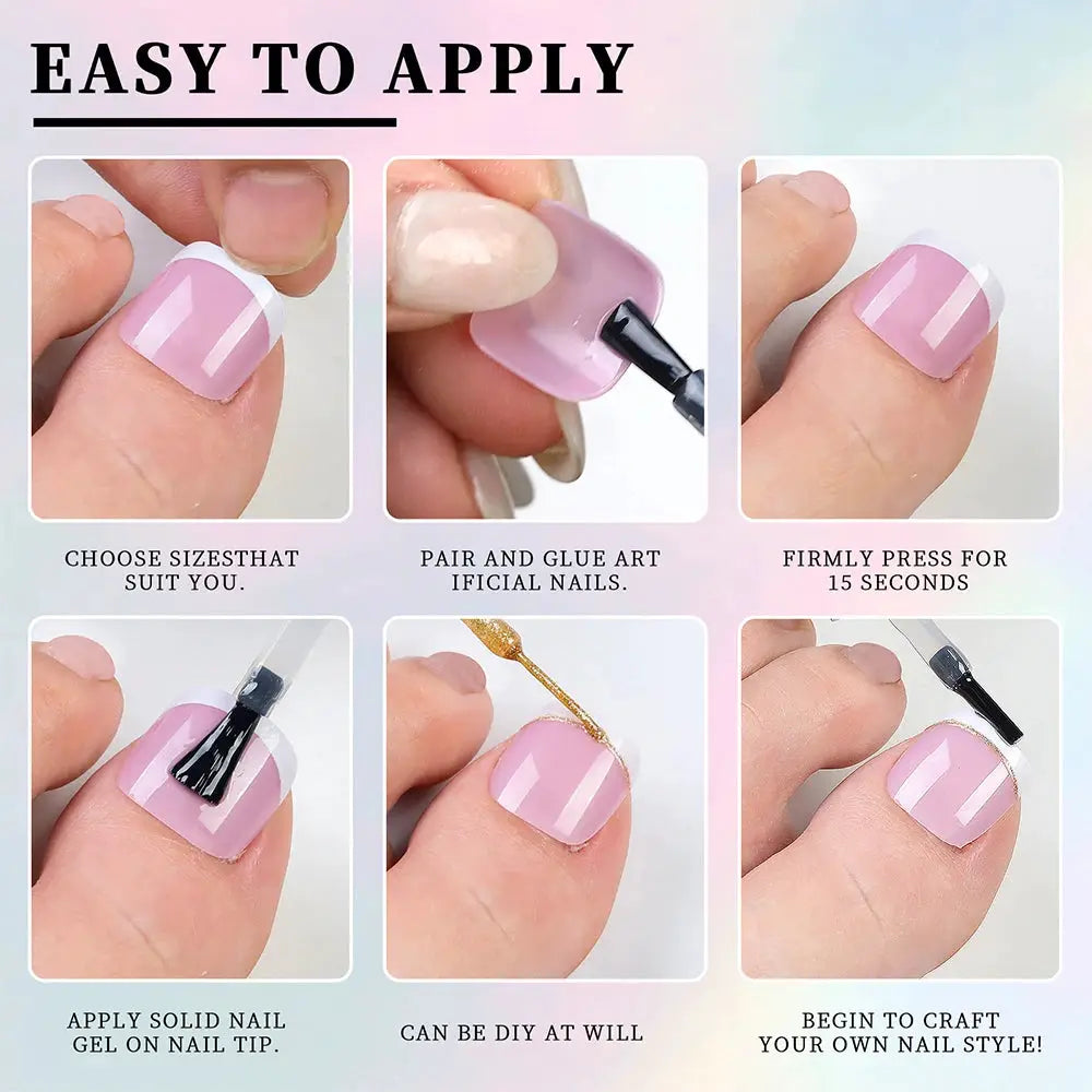 GlamToe Soft Gel Press On Toenails Full Coverage Short Square Pink French White Edge Easy Application
