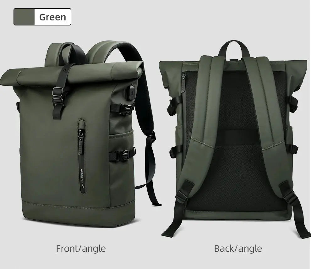 HK Large 15.6 Inch Laptop Backpack, green anti-theft travel backpack with USB port, front and back views
