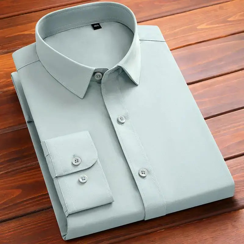 Simples Market BAMBOOPLE men's non-iron long-sleeve dress shirt, light gray-blue, folded with button cuffs