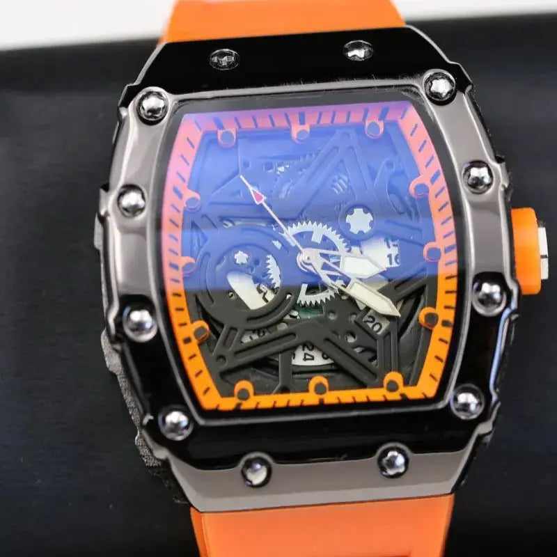 Mens Luxury Quartz Watch With Pentagram Luminous Dial And Wine Barrel Shaped Case Durable Silicone Strap