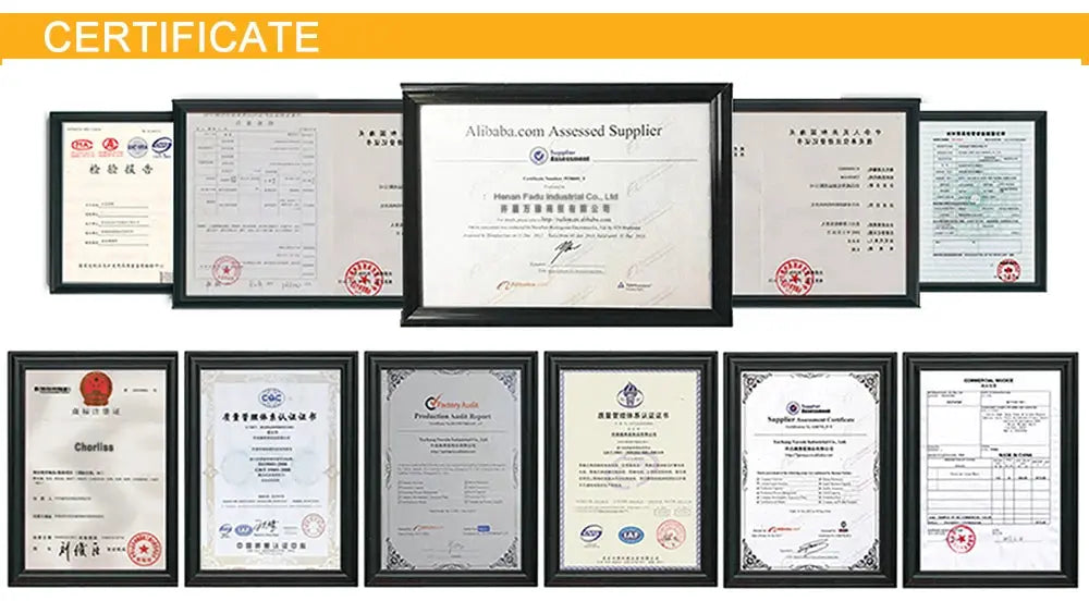 Two-row collage of framed certificates and awards with seals and borders