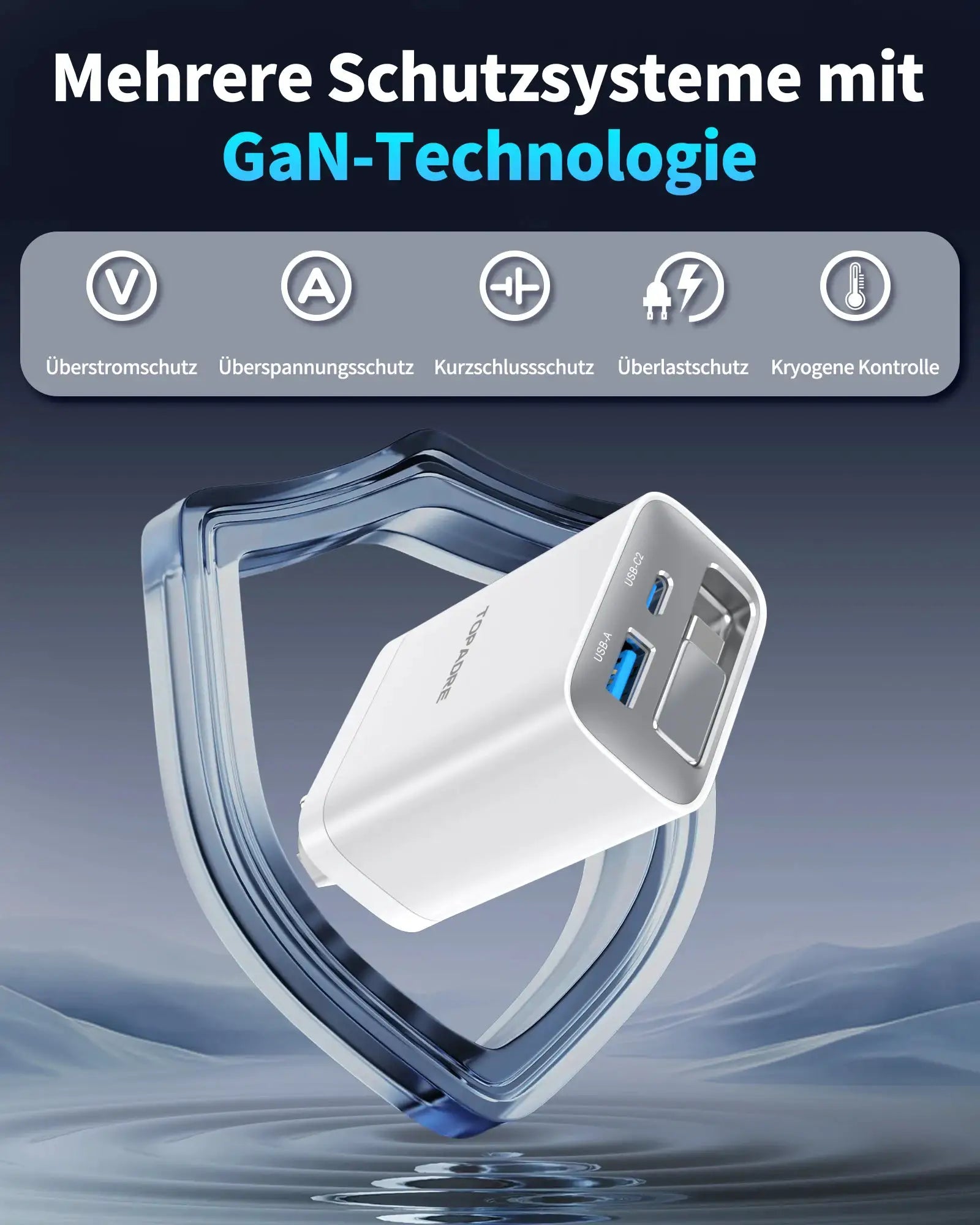 65W GaN PD3.1 fast charger with retractable cable, white, 3-port USB-C + USB-A travel adapter by Simples Market