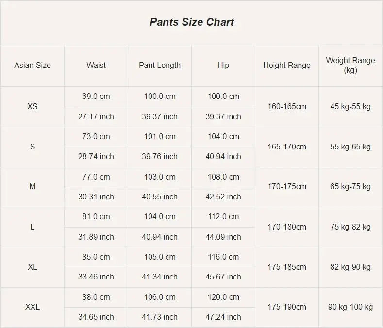 Running pants ice silk cooling, Simples Market; Asian size chart XS–XXL with waist, length, hip, height and weight ranges