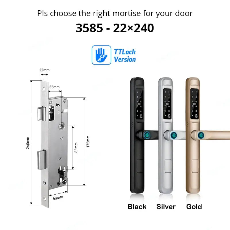 Simples Market smart door lock with TTLock, fingerprint, Bluetooth, RFID; three color finishes: black, silver, gold