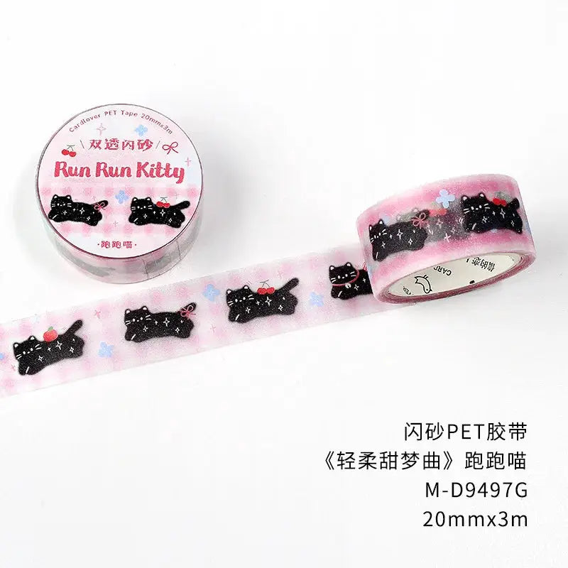 Decorative PET tape roll with pink gradient and black cat motifs; 20mm x 3m, Simples Market Run Run Kitty.