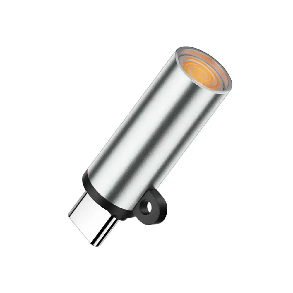 Type-C mini windproof lighter; metallic silver cylindrical body with orange heating coil