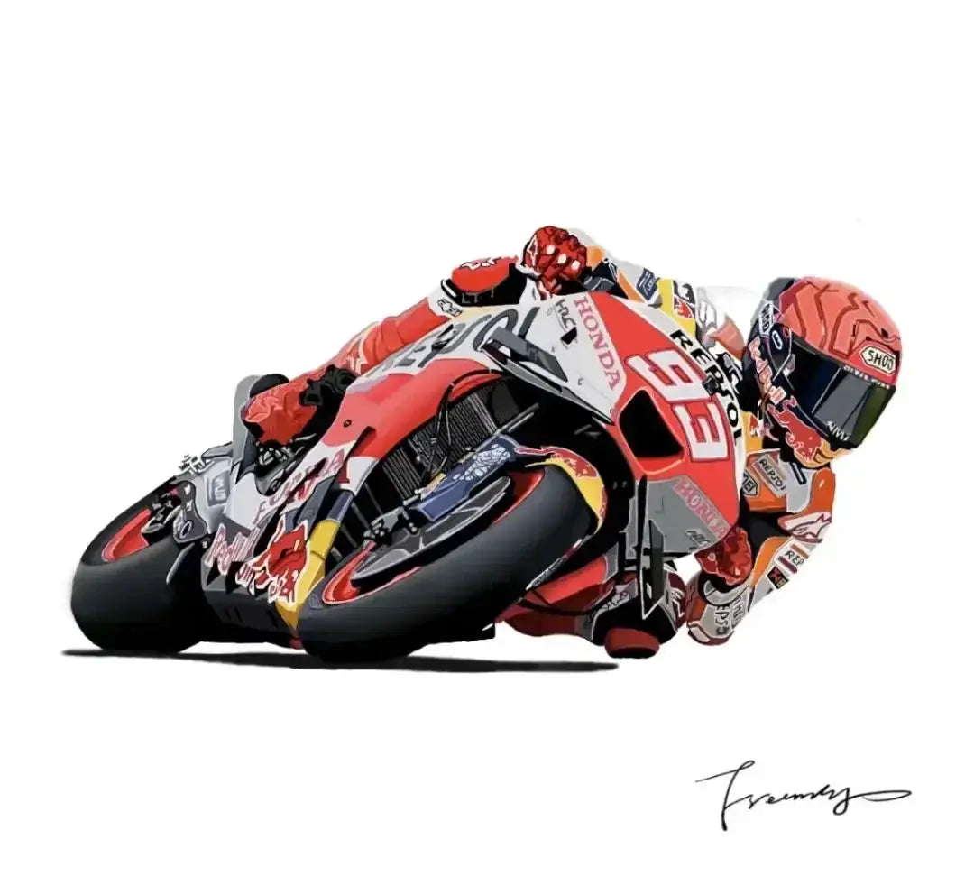 Motorcycle racing illustration of a rider in red, Honda-branded bike, dynamic lean pose with bottom-right signature.