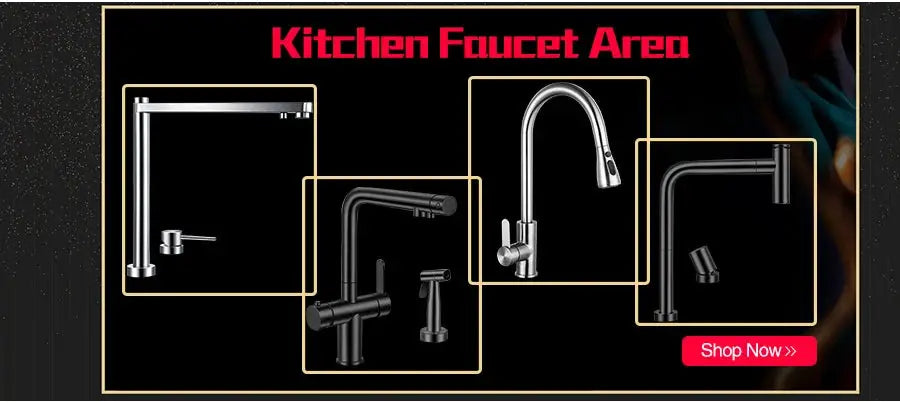 Kitchen faucet area banner on black background with gold-framed brushed stainless faucet designs and Shop Now button.