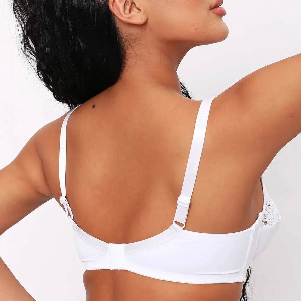 Bra for women, white lace underwire, plus size, back view with adjustable straps.