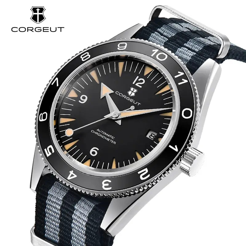Corgeut automatic men's watch with sapphire glass, black dial, luminous markers, striped nylon strap