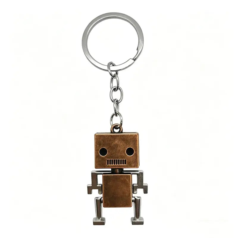 Retro movable square-robot keychain with copper head and torso and silver limbs