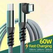 LAIHONEN USB-C charging cable, braided silver cable with right-angle connector, 60W fast charging