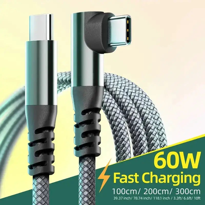 LAIHONEN USB-C charging cable, braided silver cable with right-angle connector, 60W fast charging