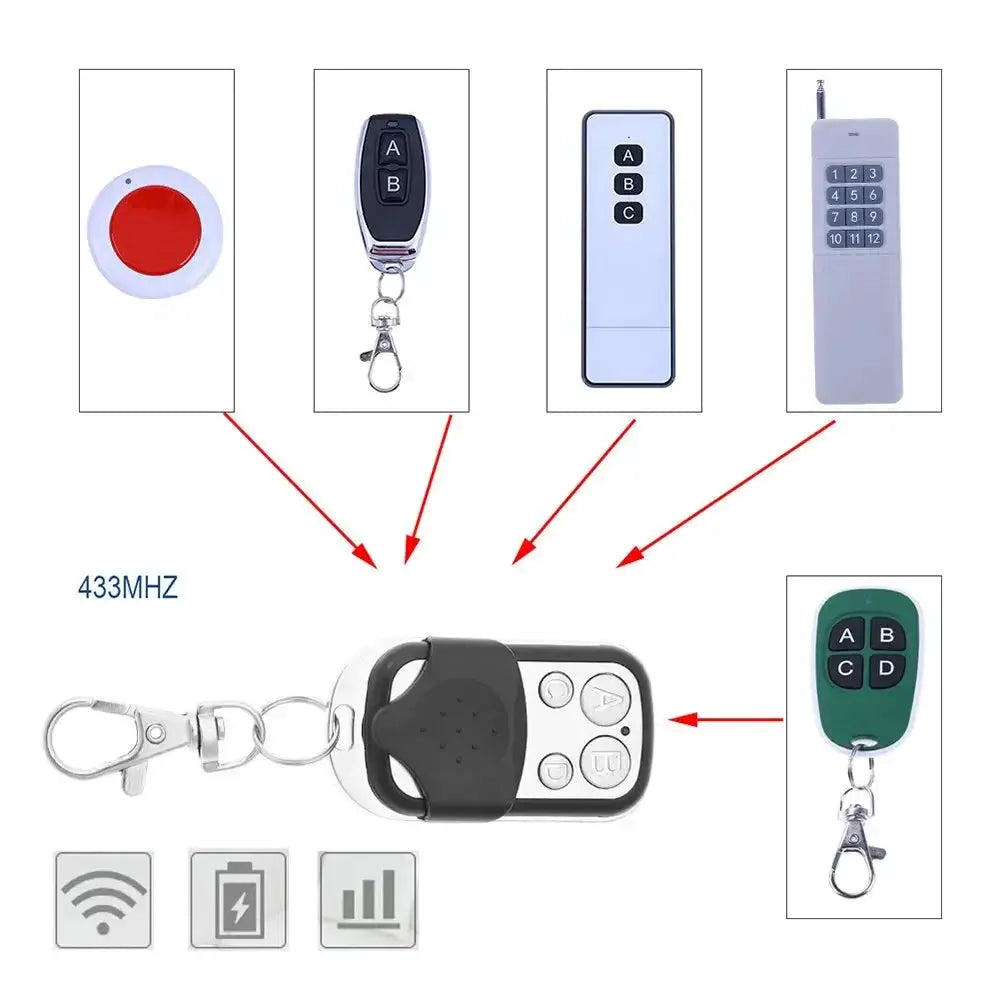 Simples Market universal 4-button garage door remote, 433MHz clone with fixed-learning rolling code, six remotes shown