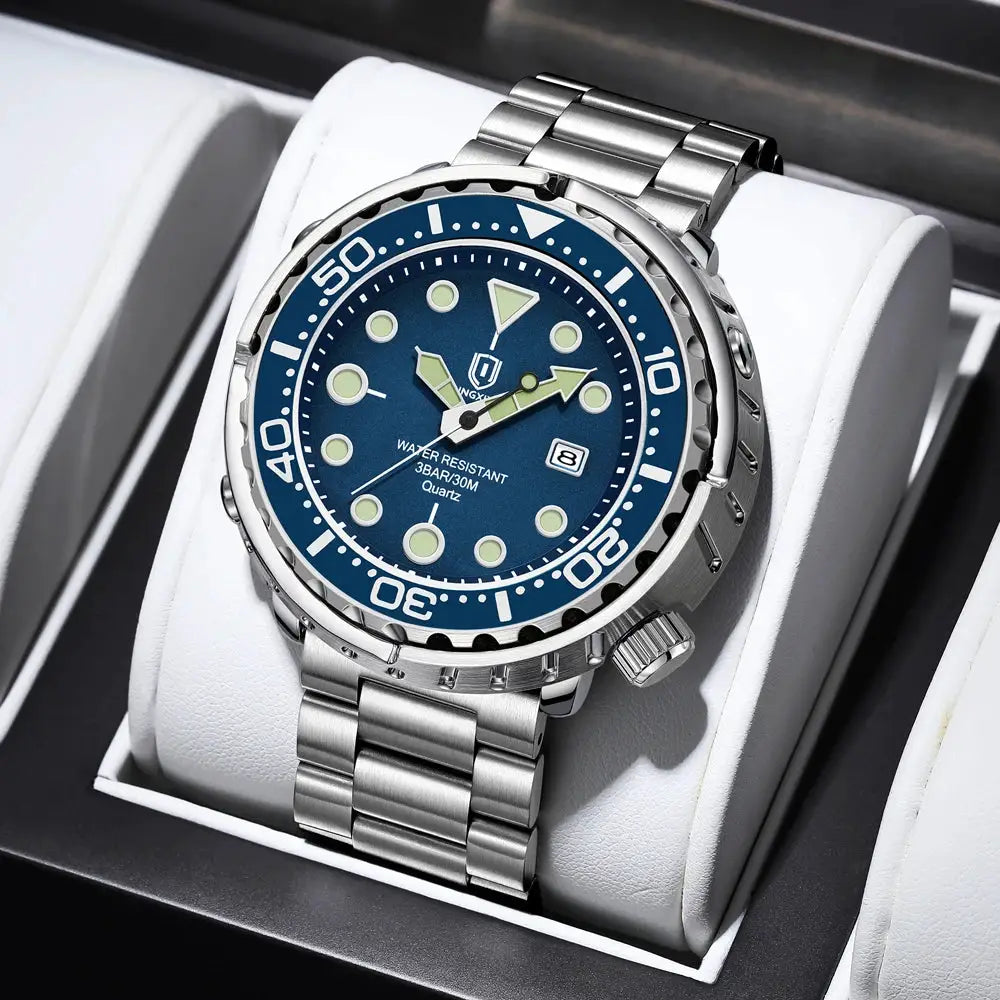 Men's luxury dive-style wristwatch with blue dial, stainless steel bracelet, date window and luminous markers.
