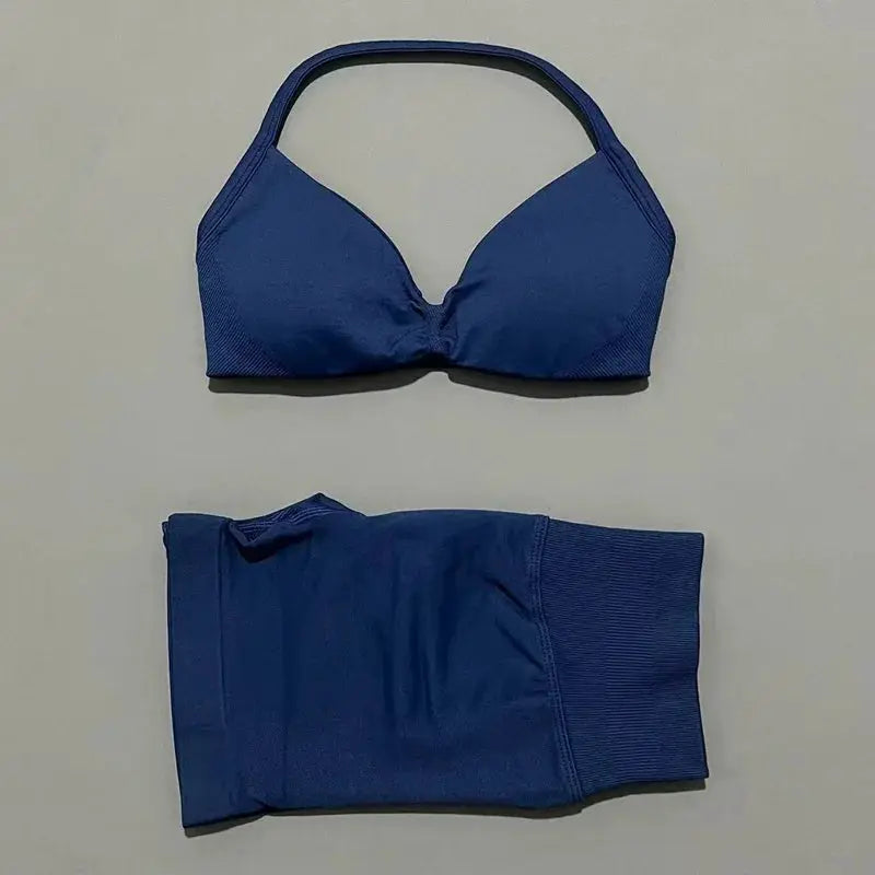 Histello 2 Piece Women Yoga Set Strappy Bra Top Scrunch Shorts