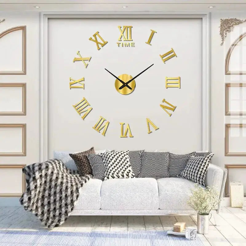 3D acrylic wall clock with gold Roman numerals, large round mirror-style design, self-adhesive installation