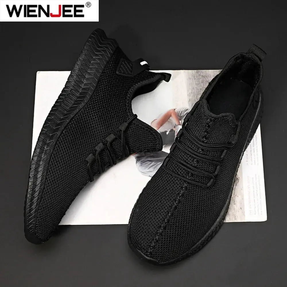 Men's black knit lace-up sneakers with breathable mesh and non-slip sole; Wienjee logo visible
