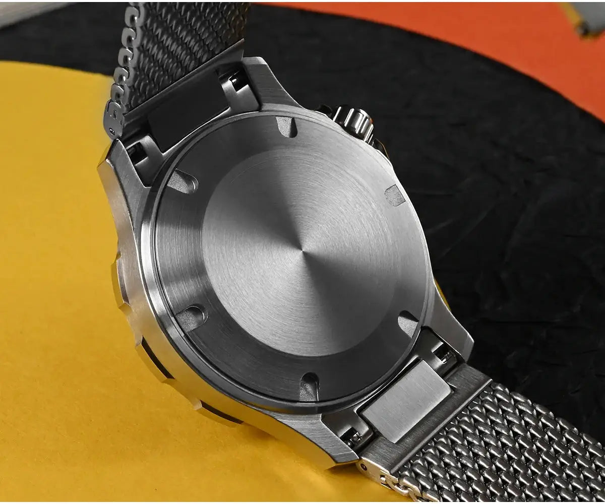 San Martin diver watch back; brushed stainless steel case and Milanese mesh bracelet