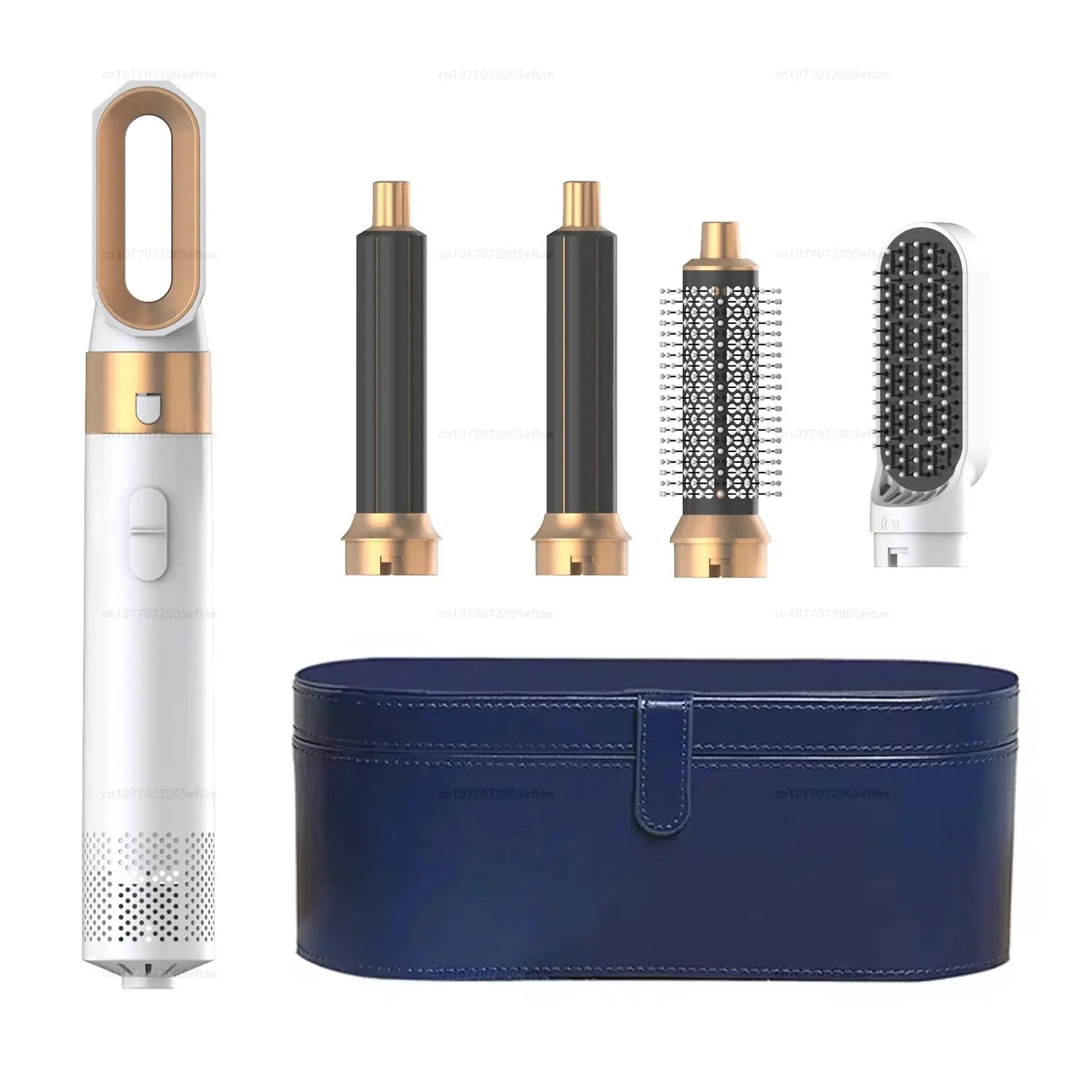 Simples Market 5-in-1 hair styler set: white/gold ionic dryer with 4 attachments and navy case