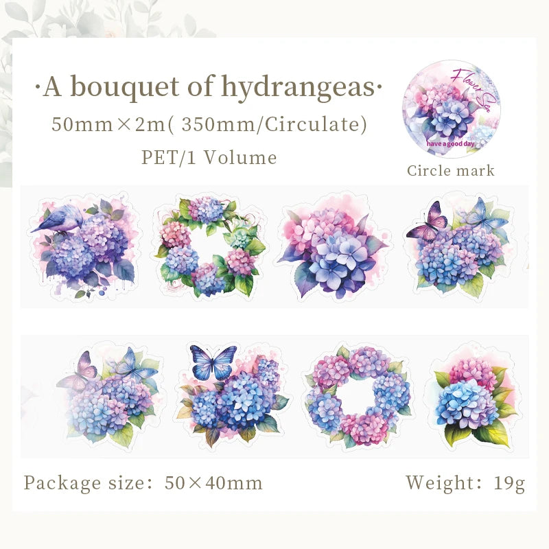 Mr.paper PET Washi Tape Flower Garden Series decorative tape set with 8 hydrangea designs in purple, pink and blue