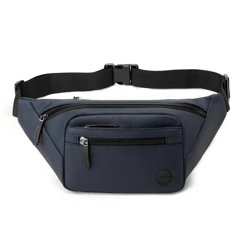 Waist bag navy waterproof unisex belt pouch with adjustable strap and multiple zip pockets.