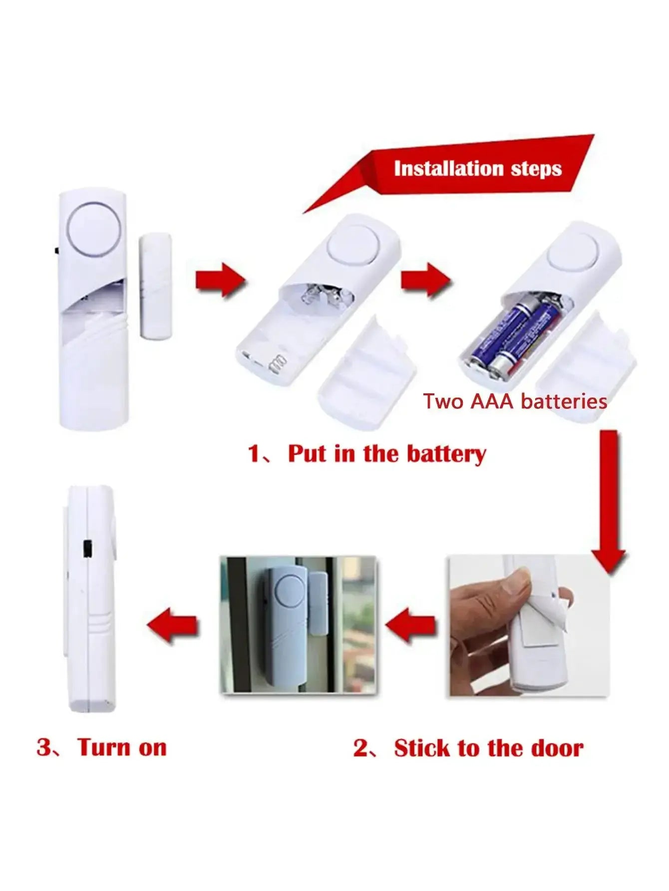 Simples Market 2pcs wireless door/window magnetic sensor alarm kit; white plastic, includes two AAA batteries