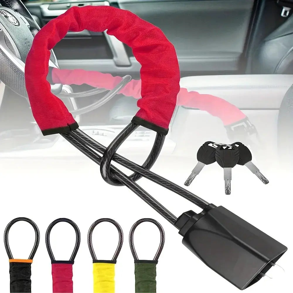 Car steering wheel lock anti-theft device with red protective sleeve and steel cable, universal fit; Simples Market
