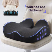 Ergonomic memory foam seat cushion for office chairs, Simples Market, black with blue trim.