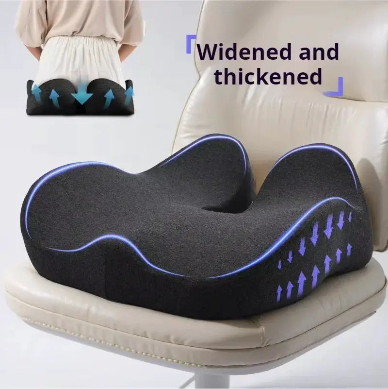 Ergonomic memory foam seat cushion for office chairs, Simples Market, black with blue trim.