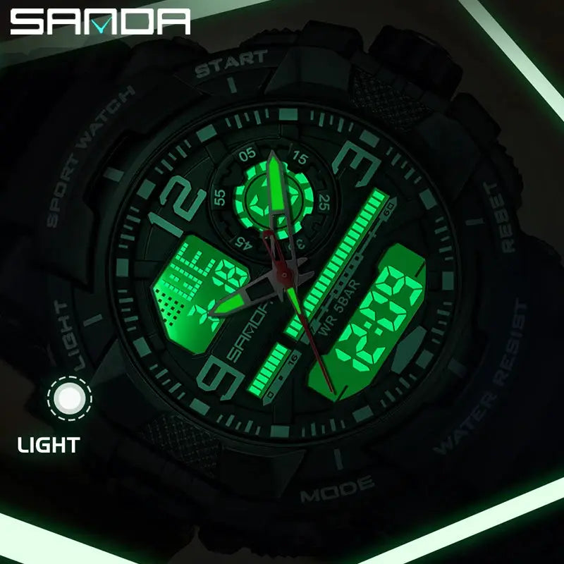 SANDA 6130 dual-display men's sport watch with green LED display and SAMODA branding