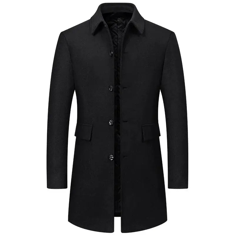 Men's black wool-blend trench coat with lapel collar, long line, business casual style, 5XL