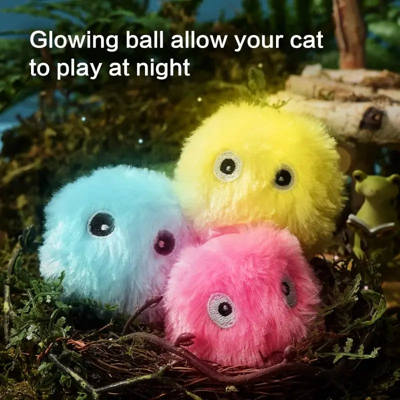Glowing plush squeak balls for pets, 3-pack in blue, pink and yellow