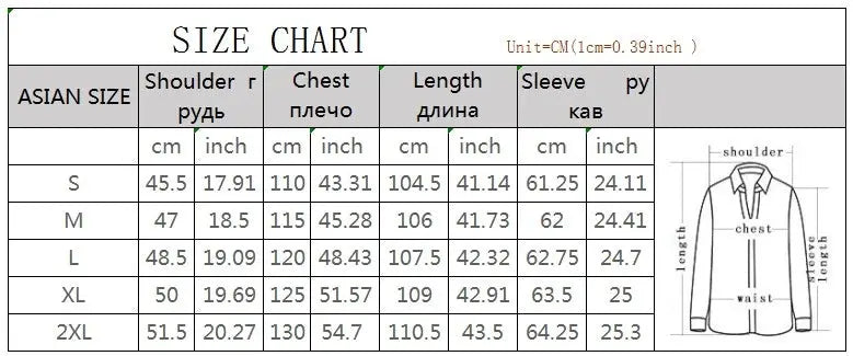 Men's wool coat by Simples Market, solid long-sleeve overcoat outerwear illustration with size chart