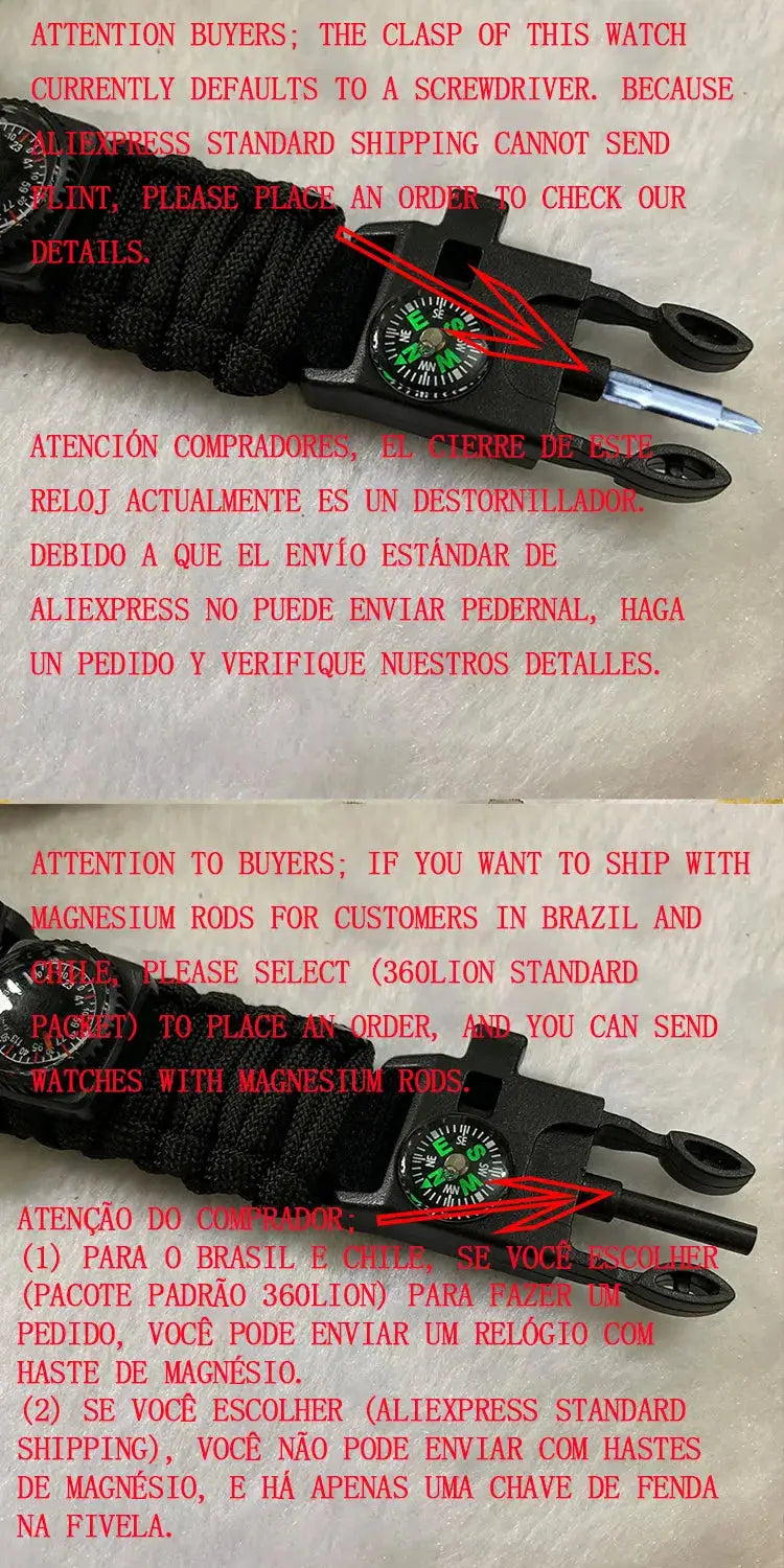 SHIYUNM men's military survival watch with compass, black paracord strap, waterproof