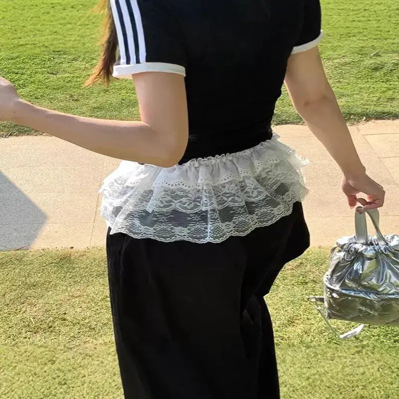 Simples Market white lace layered gauze waist skirt with lace trim, A-line mini Harajuku Y2K style.