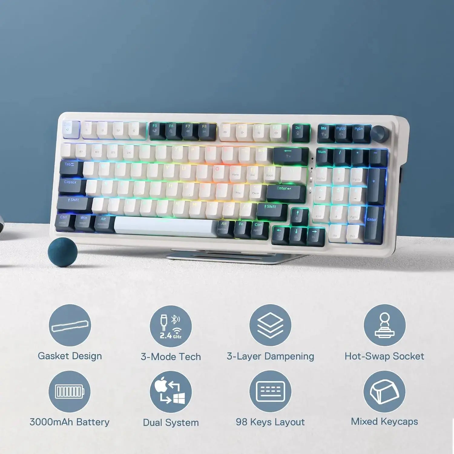 Redragon K686 PRO 98-key wireless gasket RGB gaming keyboard, white with multicolor backlighting.